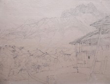 Zeichnung: Landschaft, Dorf in