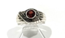 925/- Silber Ring, Granat, rund, Markasiten, Muster, Gr. 60, 11 mm breit