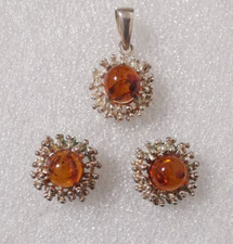 Silber Anhänger und Ohrringe mit Bernstein Silber Schmuckset Vintage