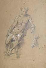 Hermann Schneider - Sitzender männlicher Halbakt Zeichnung drawing dessin 1900