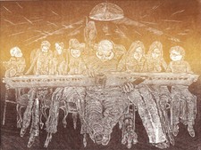 Holzstich Original FAMILIÄRER BILDUNGSHUNGER von Robert Schanzenbacher