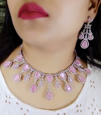 Indisches Bollywood versilbert ethnisch AD CZ Schmuck Ohrringe Halskette Brau...