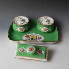 Meissen - grünes Schreibset / Tischgarnitur / Tintenzeug -  feine Blumenmalerei