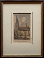 Handkolorierter Stahlstich Marienkirche zu Lübeck mit Brunnen Antik Vintage
