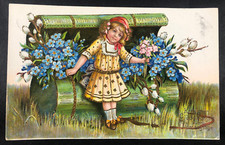 AK antike Motivkarte - kleines Mädchen mit Blumen an Botanisiertrommel - um 1920