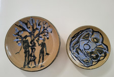 2 x  Keramik Teller mit Adam und Eva im Paradies, Handarbeit, Kunst