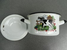 Kleiner Kochtopf mit Deckel Puppengeschirr Emailliert Ø ca 12 cm vintage mit Kuh