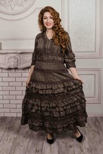 Lagenlook Boho Maxikleid mit Rüschen & Spitze – Vintage Look, Langarm XL 46 48