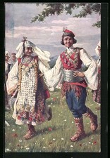 Künstler-AK Dalmatien, Paar tanzt in Tracht den Volkstanz Kolo 