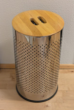 Wäschekorb rund 30cm x 54cm aus Metall mit echtem Holzdeckel