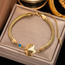 Luxus Edelstahl  Damen  Armband 18K Kleeblatt  Nazar Boncuk böses Auge Gelbgold