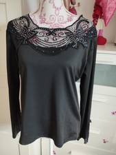 Süßes T-Shirt Spitze Stretch Schwarz Pailletten L 40 - 42 LANGARM SILVESTER?