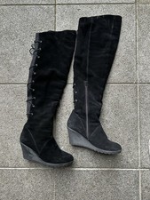 Overknee Stiefel Gr. 40 schwarz, mit Schnürung und Reißverschluss, Keilabsatz