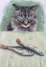 Katze und Fisch Original Pastellmalerei, Katzenportrait Gemälde, A4, 21x29,7cm