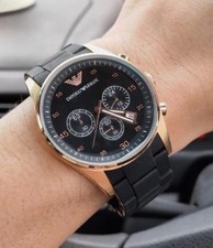 Neue Emporio Armani AR5905 Herren Schwarz Silikon Gummi Rose Gold Chronograph Uh