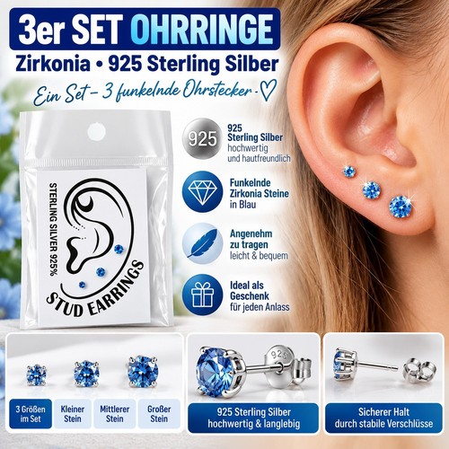 3er set ohrstecker mit blauen - set,