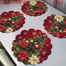 4er-Set runde Tischsets mit Weihnachtsbaum- & Blumendesign/4
