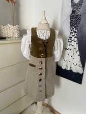 Almhäusl Kinder Mädchen Trachtenkleid Dirndl Leder Leinen Oliv Beige Gr. 116