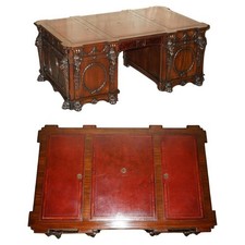 VOLLSTÄNDIG RESTAURIERTER THOMAS CHIPPENDALE LÖWENKOPF GESCHNITZT DOPPELSOCKEL PARTNERSCHREIBTISCH