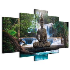 Buddha Vlies Leinwandbild 5 tlg Wandbilder XXL Landschaft Natur Wasserfall Baum