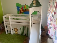 Spielbett Hochbett Kinderbett Kinder Bett mit Turm und Rutsche + Vorhang
