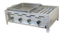 Gastrobräter Gasgrill Edelstahl 4 flammig m. 1er Rost u. 2er Pfanne 81/53/27/ cm