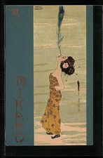 Künstler-Lithographie Raphael Kirchner: Mikado, Japanerin balanciert eine Pfaue 