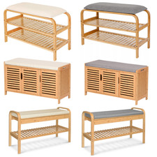 Schuhregal Flurbank Sitzbank Schuhbank Sitzkissen Ablagen Bambus Beige Grau