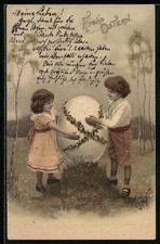 Ansichtskarte Ostern, Mädchen und Junge mit Riesenei 1906 