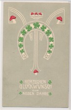    Neujahrskarte 1908 Hufeisen Kleeblatt Fliegenpilz Jugendstil