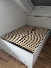IKEA BRIMNES Bett, 4 Schubladen, Weiß, Lattenrost, Regal-Kopfteil, 140x200 Cm