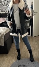 Zara Bikerlederjacke Schwarz Innenfutter hell Fell gefüttert Gr. Xs 34 S 36 Lang