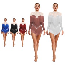 DE Freebily Damen Latin Bodysuit Quaste Strass Tanz Langarm Leotard Eiskunstlauf