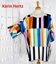 KARIN HERTZ Designer Tunika BLUSE Gr. 46 BLAU BUNT Streifen - Seidenlook Mode -