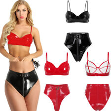 Damen Wet Look Dessous Set Lederoptik spaghetti strap BH und Slip Party Clubwear