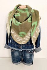 XXL Dreieckstuch Halstuch Schal Viskose Wolle Herzen HAPPY LIFE Grüntöne/Beige