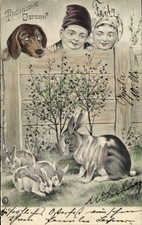 Ak Glückwunsch Ostern, Hasen fressen Gras, Kinder, Hund, Zaun - 4538435