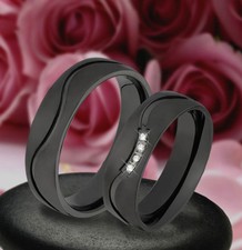 2 Trauringe Verlobungsringe mit Steine ,Schwarz Plattiert GRAVUR Gratis JE208-4