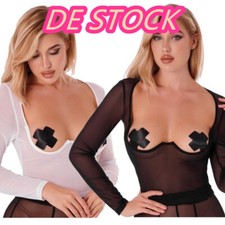 DE Damen Langarmshirt Transparent Oberteil Brustfrei Crop Tops Sexy T-Shirt Club