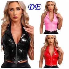 DE iEFiEL Damen Wetlook Lederoptik Sexy Neckholder Top mit Zipper Party Clubwear