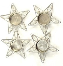 TEELICHTHALTER 4er Set KERZENHALTER Metall silberfarben STERNE mit weißen Perlen