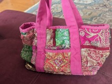Indische  Stofftasche, Pailetten, Pink Bunt