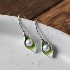 I05 Cloisonne Ohrring Silber 925 Blüte grün und weiße Süßwasser Perle