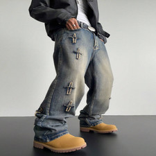 Herren Y2K Baggy Jeans Distressed Cross Patch Unikat Design Vintage Streetwear