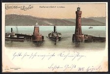 Lithographie Lindau / Bodensee, Hafeneinfahrt, Leuchtturm, Bayerischer Löwe 