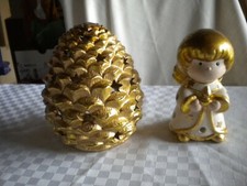 Gold Engel Putte + Pinien Zapfen für Teelicht Advent festl Tisch Weihnachten NEU