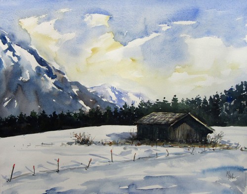 Landschaftsaquarell hütte - ,