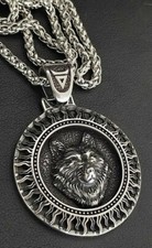 Wikinger Schwarze Sonne Wolf Kopf Fenrir Anhänger Edelstahl Halskette Biker 59