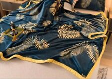 Decke Flauschig Samt, grün mit Gelben Federn 200x230