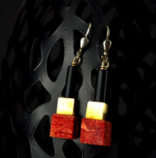 Ohrringe Silber Sterling Koralle rot Onyx schwarz gebürstet - attraktiv & modern